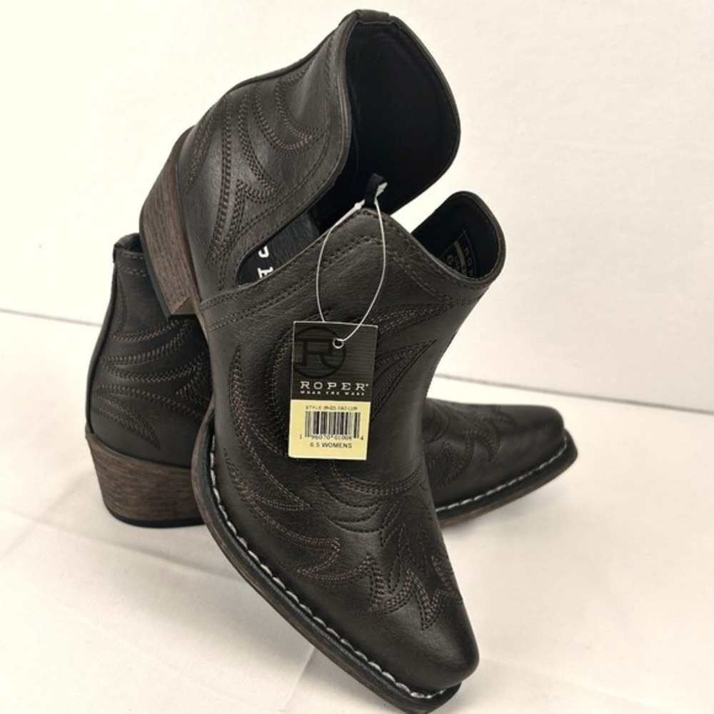 Roper Western Ankle Boots Brown Flame Stitch Side Cutout Womens 6.5